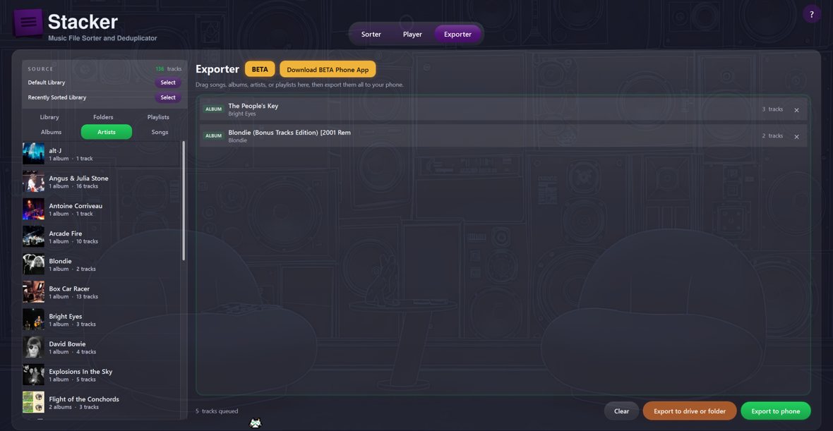 Stacker Exporter screen with an export queue and Export to phone button