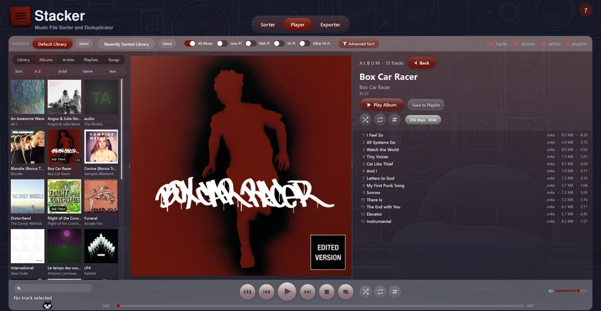 Stacker hi-fi player showing an album with full track list and quality filters