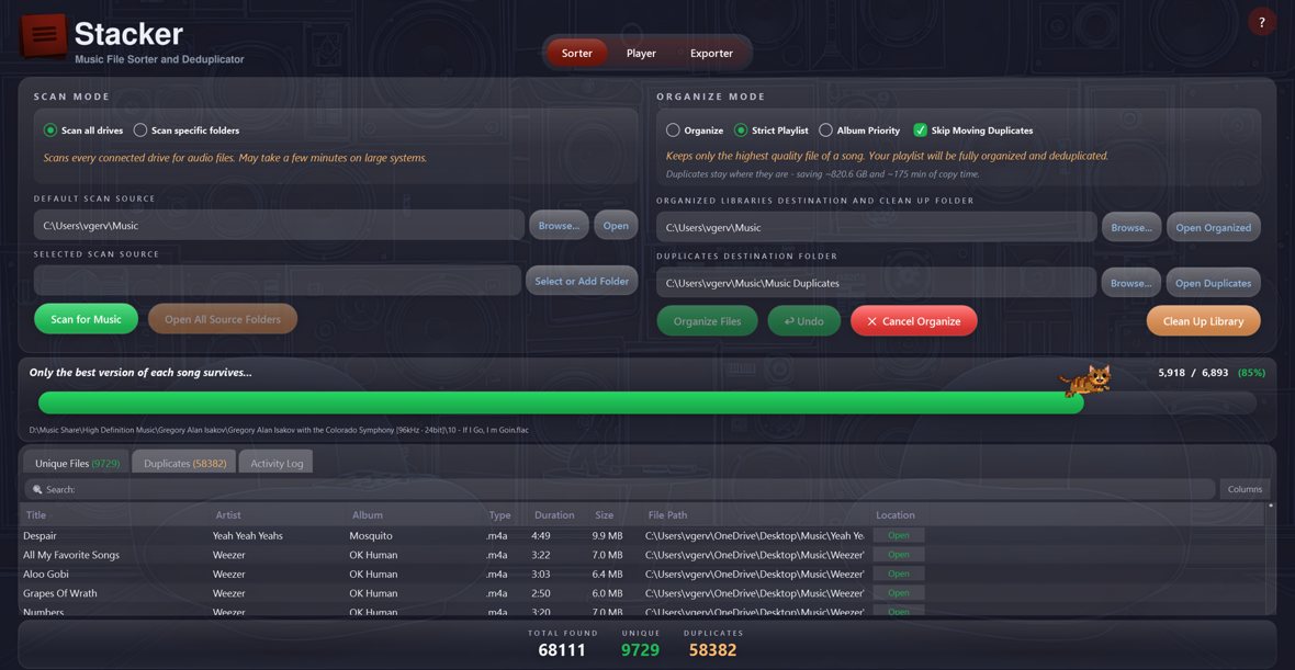 Stacker Sorter screen with scan and organize options and a live progress bar